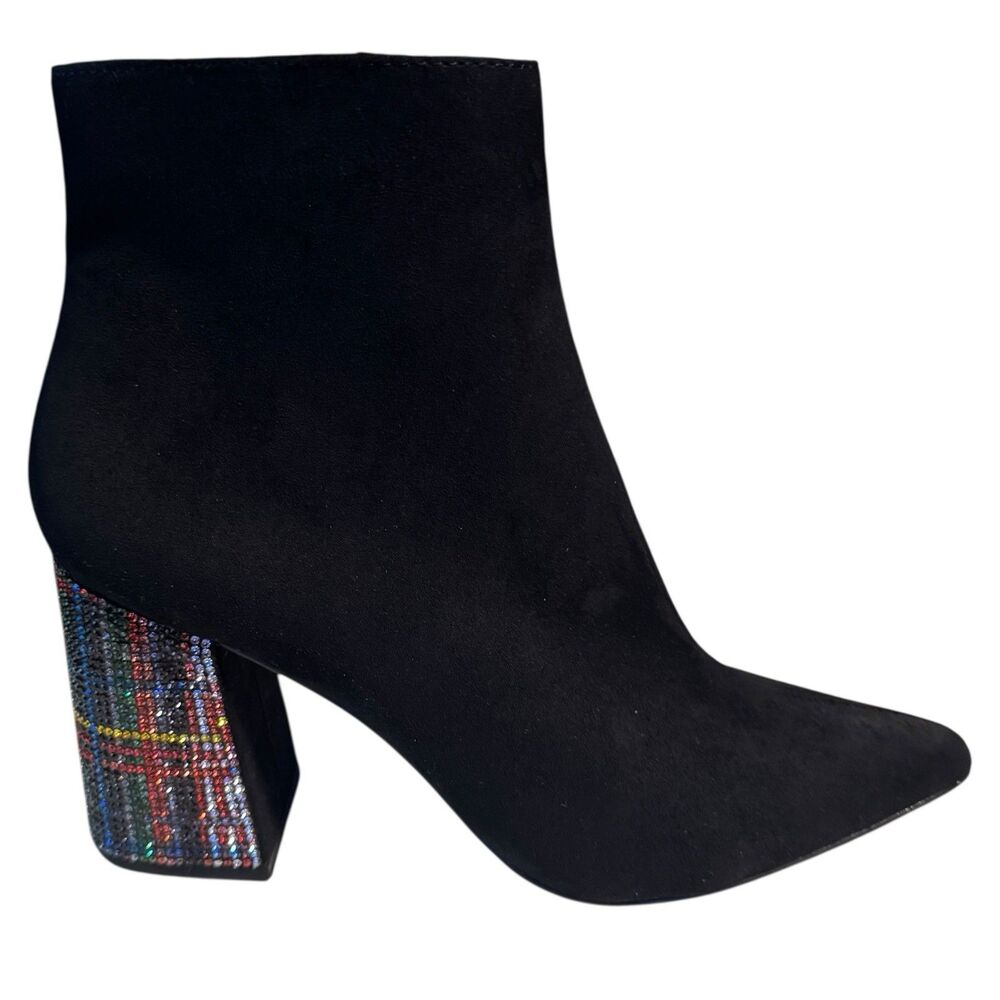 Betsey Johnson Boots Womens Size 8 Black Faux Suede Kassie Rhinestone Plaid Heel